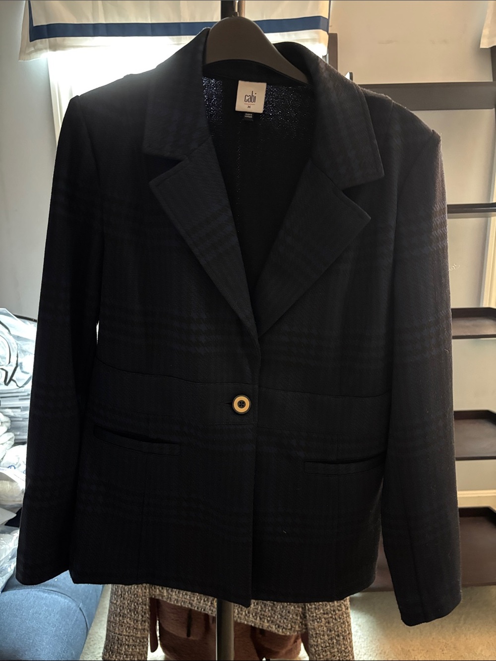CAbi Navy Black Plaid Single-Button Blazer